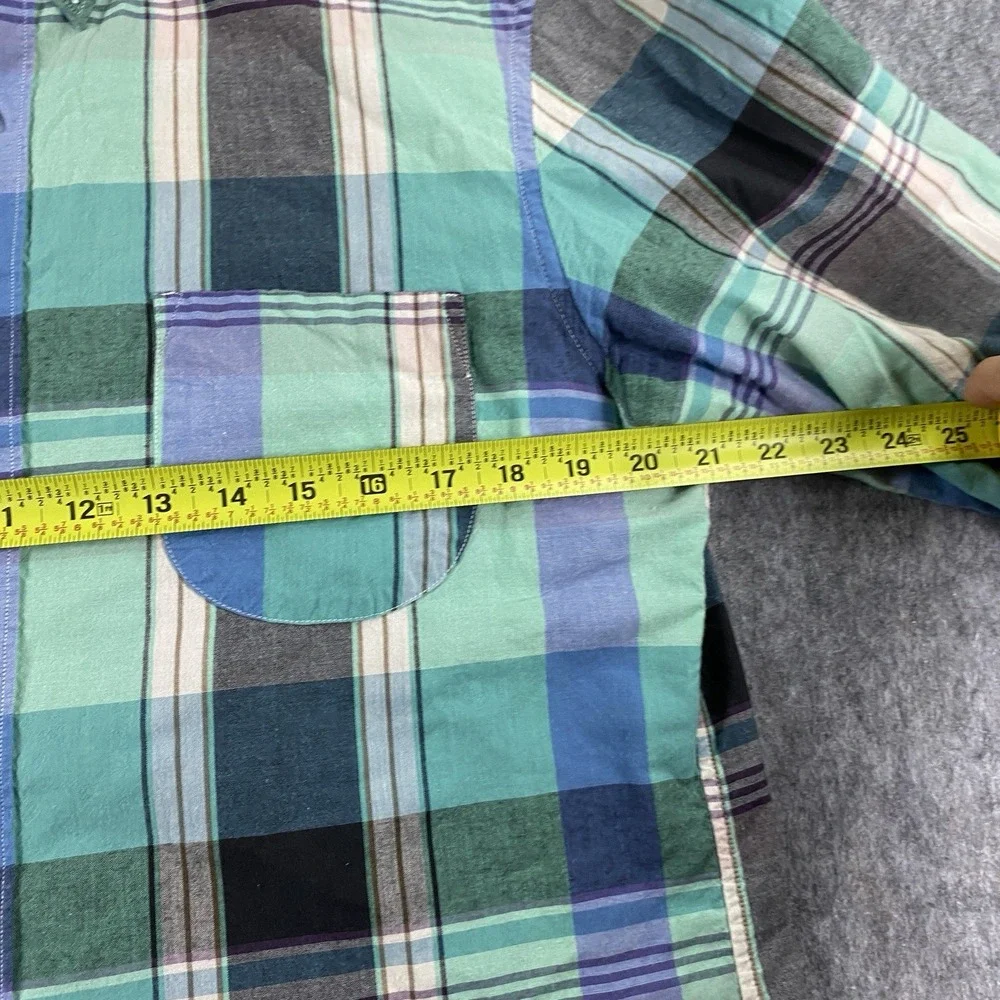 J Crew Indian Madras Plaid Shirt Men's Large Slim Blue Preppy Summer Long Sleeve